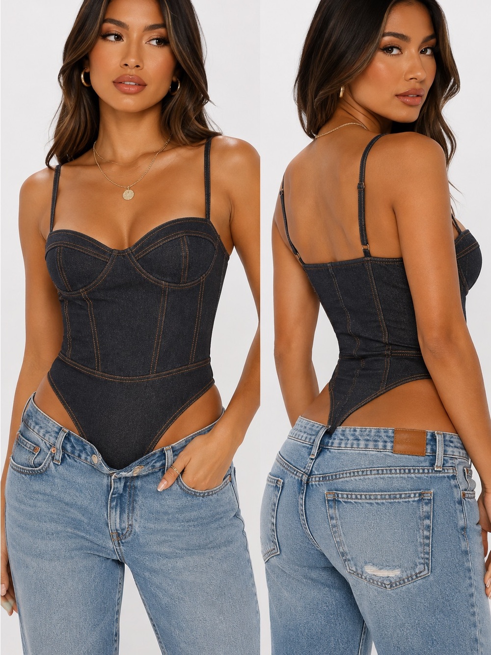 Fashion Nova Taylor Knit Denim Bodysuit Dark Wash Corset Bustier NWT Size Small